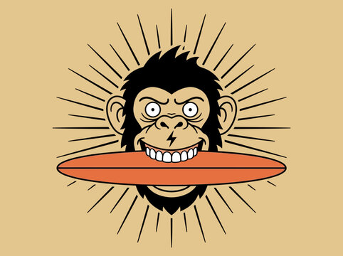 Vintage Monkey Mascot Biting Orange Surfboard Retro Cartoon Vector