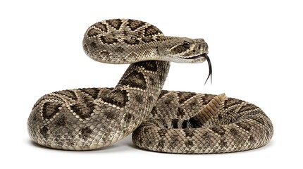 Obraz premium Diamondback rattlesnake coiled and flicking its tongue, isolated on white background