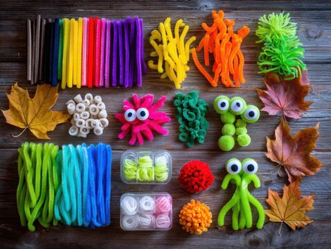 Craft supplies with colorful pipe cleaners