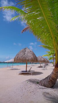 Vertical Screen: Bora Bora tropical paradise featuring white sand beach with thatched palm umbrellas and sun loungers beneath swaying coconut palms with turquoise lagoon waters and overwater.