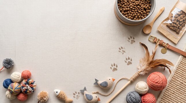 Flat lay of essential cat care items dry food, diverse toys, treats, and scratching post, on a light background with paw prints, for a happy cat