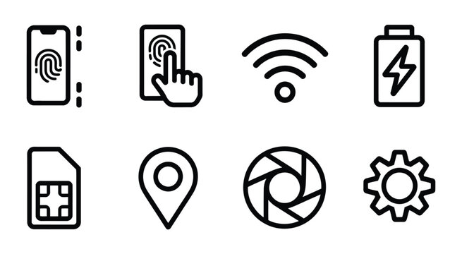 Mobile interface icon set, device interaction and app development symbols, rounded outline with thick stroke vector illustration for smartphone design, user manuals and prototyping.
