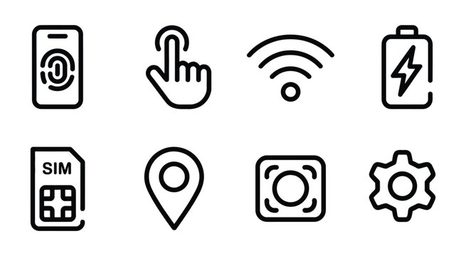 Mobile interface icon set, device interaction and app development symbols, rounded outline with thick stroke vector illustration for smartphone design, user manuals and prototyping.