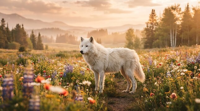 White wolf in wildflower field
