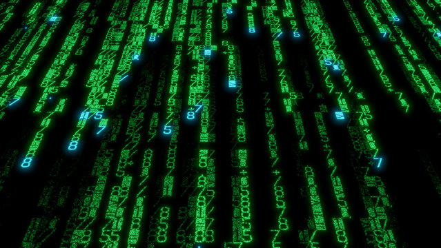 Futuristic Green and Blue Pixelated Binary Code Pattern on Black Background - Abstract Digital Art for Technology, Cybersecurity, and Data Visualization Projects