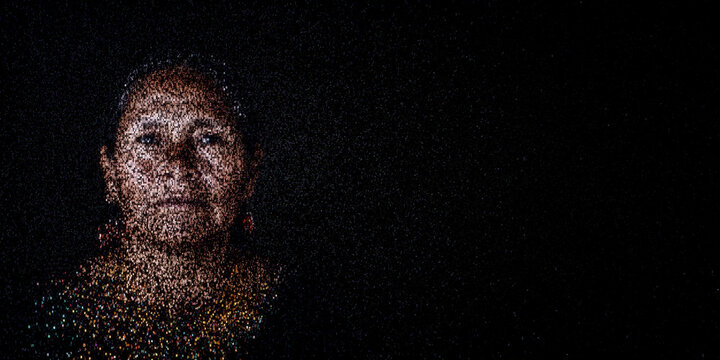 Digital ID Portrait of Indigenous Woman with Face made up of Code. Identity fraud Concept with copy-space.