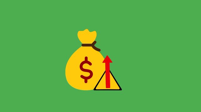 Overbudgeting icon featuring money bag and upward arrow. Visual representation of increasing budget allocation and rising business expenses.
