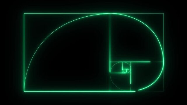 golden ratio fibonacci spiral neon geometry animation on black background,architectural golden ratio construction animation,sacred geometry golden ratio animation on black