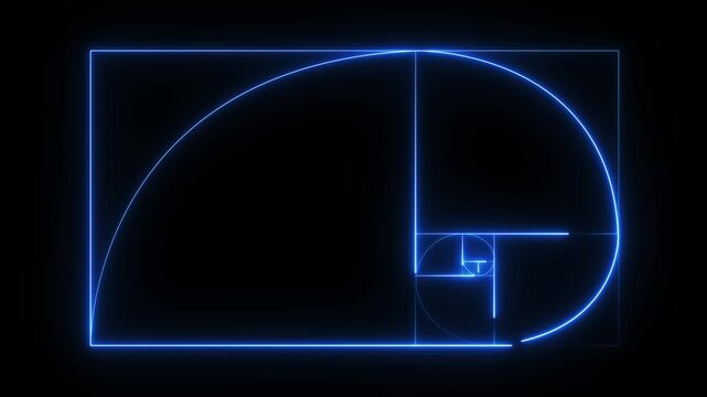 golden ratio fibonacci spiral neon geometry animation on black background,architectural golden ratio construction animation,sacred geometry golden ratio animation on black