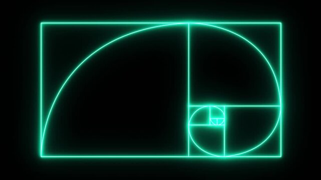 Glowing Fibonacci Spiral Golden Ratio Animation on black background,Abstract Neon Mathematical Sequence Concept,Digital Concept of Science and Mathematics Proportions