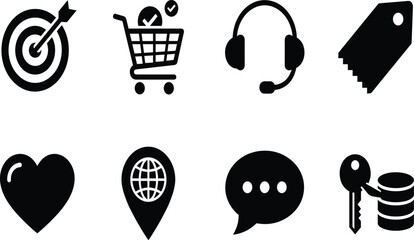E-commerce and online shopping business icon set featuring black silhouettes of target shopping cart headphones label heart location pin chat bubble and key isolated on white background. © bijoy