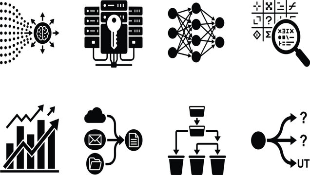 Data science and machine learning icon set featuring black silhouettes of neural network server security analytics chart and data processing symbols isolated on white background.