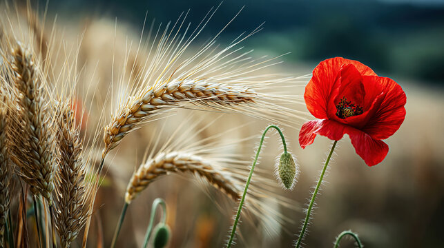 : Red Poppy Flower with Wheat Ears in Golden Field. AI generative.