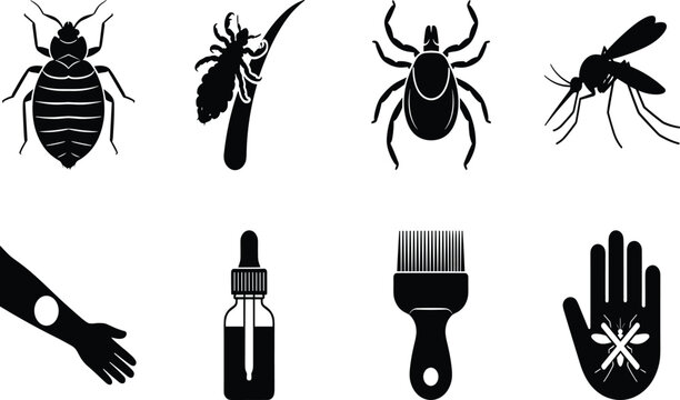 Pest control and parasite prevention icon set featuring black silhouettes of bed bug head louse tick mosquito skin rash and treatment tools.