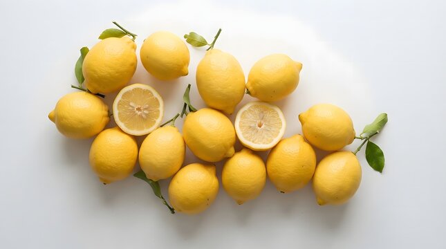 Arrangement of fresh yellow lemons and leaves on white wooden surface