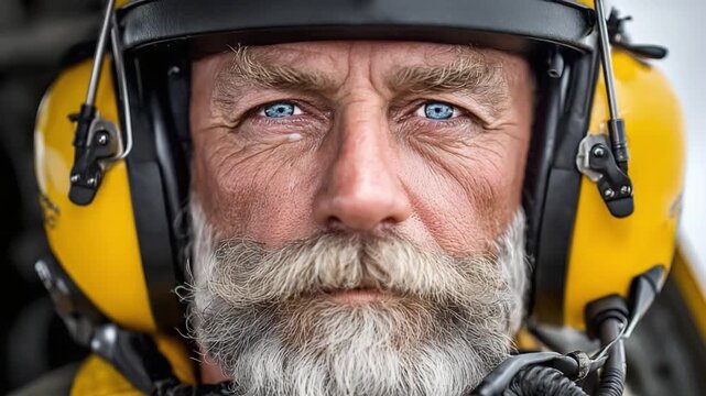 Intense Gaze: A rugged, seasoned man with piercing blue eyes and a distinguished gray beard, wearing protective headphones, stares intently forward.