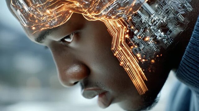 Cybernetic Mindscape: A young man's profile merges with intricate circuitry and glowing neural pathways, representing the fusion of human intellect and advanced technology.