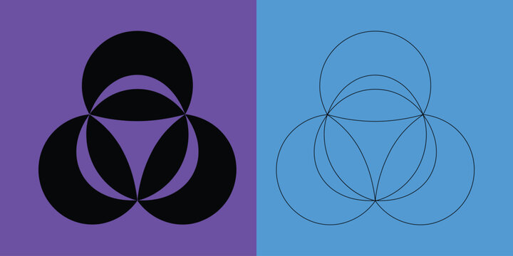 Geometric symbol featuring three intersecting circles in solid black and outline styles on purple and blue backgrounds