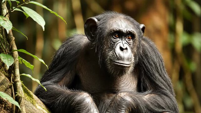 A contemplative chimpanzee rests among the lush greenery of the dense tropical rainforest canopy while its intelligent gaze reflects a deep sense of awareness within its natural wild habitat