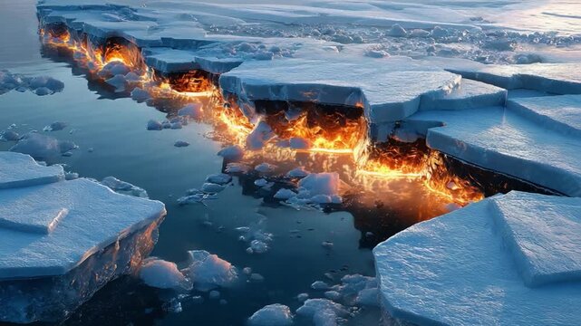 Arctic Fire: A dramatic fissure in the ice reveals molten lava glowing with intense heat, juxtaposing the frozen landscape with fiery depths.