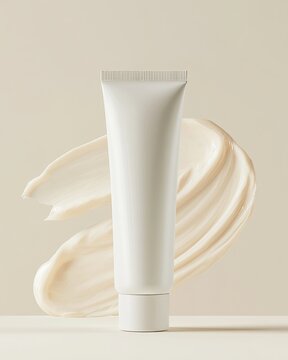 Unlabelled white squeeze tube standing upright with a creamy texture swatch in the background on a soft beige surface for cosmetic or skincare product display