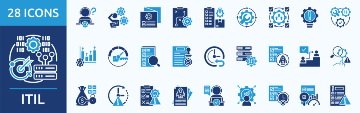ITIL - Icon Collection. Thin glyph blue Set contains such Icons as help desk, problem, catalog, service strategy, configuration item, service operation, continual improvement and more. Simple web icon