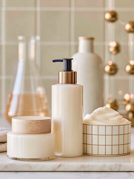 Three unlabelled skincare products arranged on a marble surface with a soft-focus background of decorative elements and a neutral color palette