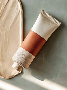 Unlabelled white and orange squeeze tub placed on a smooth surface with a matching cream-colored smear beside it, showcasing a modern and minimalist design aesthetic