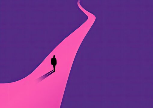 Silhouette of a lone figure walking down a winding, glowing pink path