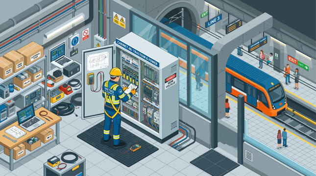 Isometric subway station maintenance scene with technician repairing electrical power cabinet and metro train at platform for industrial and technology presentations