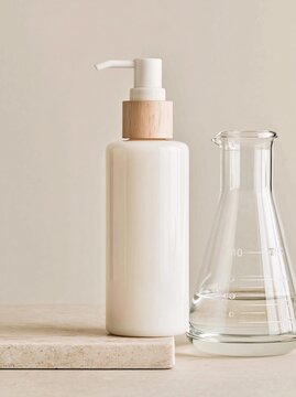 Unlabelled white pump serum bottle with wooden cap placed on a beige stone surface next to a clear glass beaker filled with water against a neutral background