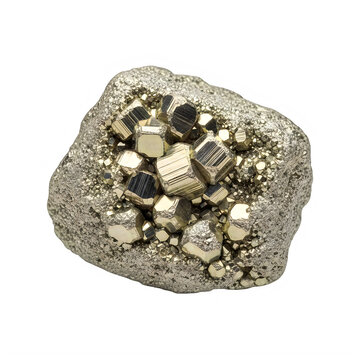 Metallic pyrite mineral cluster specimen on transparent background with cluster cubic crystalline
