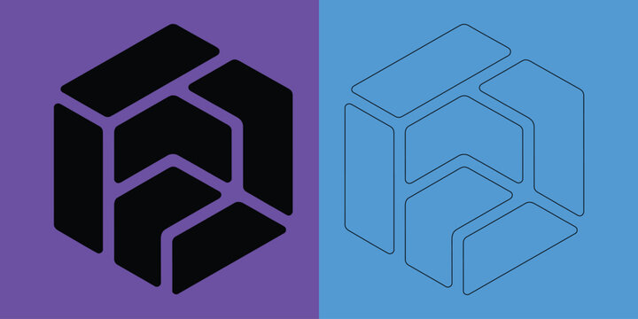 Isometric hexagonal block structure symbol in solid black and thin line styles on purple and blue split background