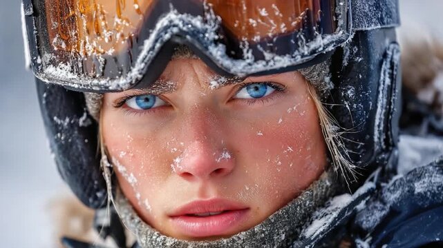 Winter Warrior's Gaze: A striking portrait of a person bundled in winter gear, with snow-covered goggles and frost clinging to their face, their intense blue eyes piercing through the cold.