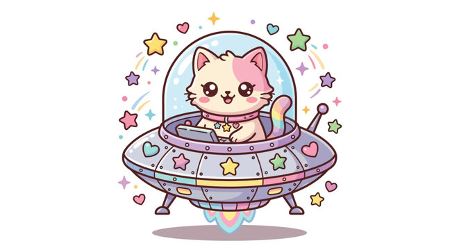 Cute kawaii cat in UFO spaceship vector