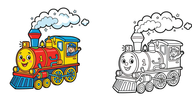 Coloring page for kids featuring a cute cartoon steam train with an engine driver, including a colorful reference version and a black and white line art design.