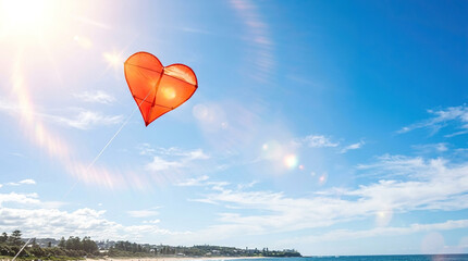 Fototapeta premium Bright red heart-shaped kite flying in sunny beach sky