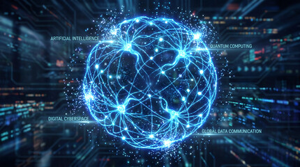 Naklejka premium Futuristic blue neural network sphere emitting bright light particles. Perfect concept for artificial intelligence, quantum computing, digital cyberspace
