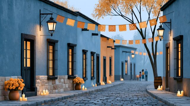 Traditional Mexican street decorated with marigold flowers, papel picado banners, candles and people celebrating Dia de los Muertos, festive evening atmosphere