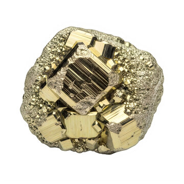 Metallic pyrite crystal cluster isolated on transparent background with cubic structures reflective