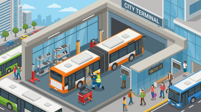 Isometric city bus terminal with maintenance garage and commuters waiting for public transportation service