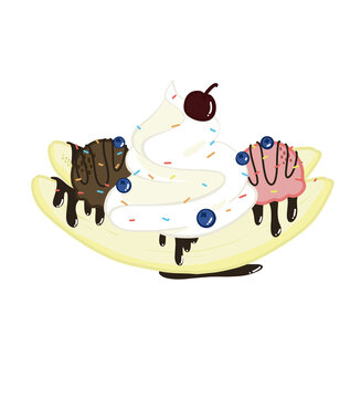 Banana split dessert illustration with ice cream, banana, and sweet toppings, isolated on a white background. Perfect for summer, dessert menus, educational materials, stickers, and food-themed