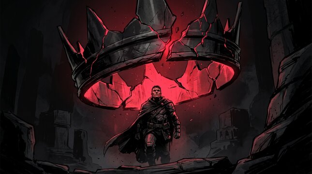 Determined figure beneath giant broken crown symbolizing self mastery leadership and inner strength