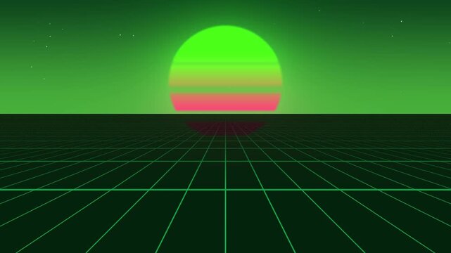 Vibrant Retro Futuristic Vaporwave Landscape Featuring a Glowing Neon Sunset Over a Digital Wireframe Grid Horizon with Synthwave Aesthetic and Nostalgic 1980s Computer Graphics Background.