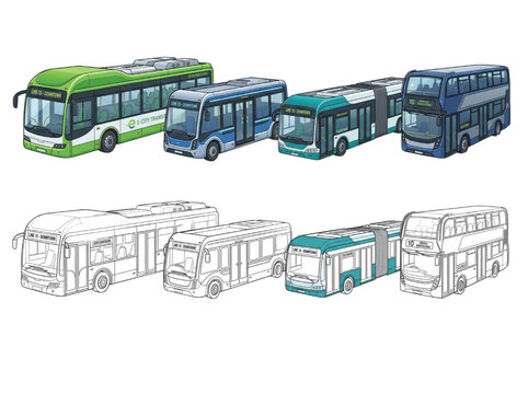 Electric Bus Collection Vector Set Top View and Side View &ndash; Modern EV City Transit, Zero Emission Public Transport Line Art Isolated on White Background