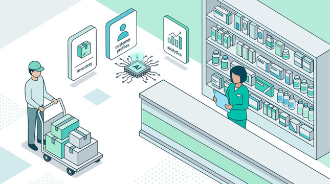 Isometric pharmacy management system with AI analytics inventory tracking and digital customer profiles in a modern retail drugstore setting