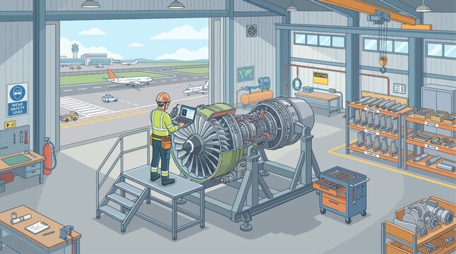 Isometric illustration of aircraft engineer working on jet engine in airport hangar with laptop maintenance repair service concept