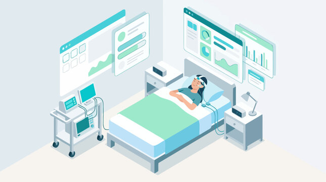Isometric sleep study illustration with patient wearing polysomnography sensors in clinic bedroom with digital data charts and medical equipment for healthcare research