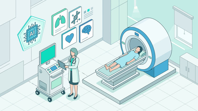 Isometric Medical AI Illustration with Doctor and Patient in MRI Scanner for Digital Healthcare and Diagnostic Technology Concept
