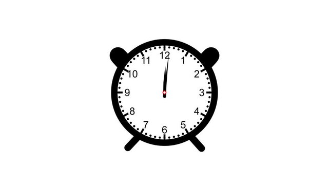 Minimalist alarm clock animation showing midnight or noon twelve o'clock on white background.video..